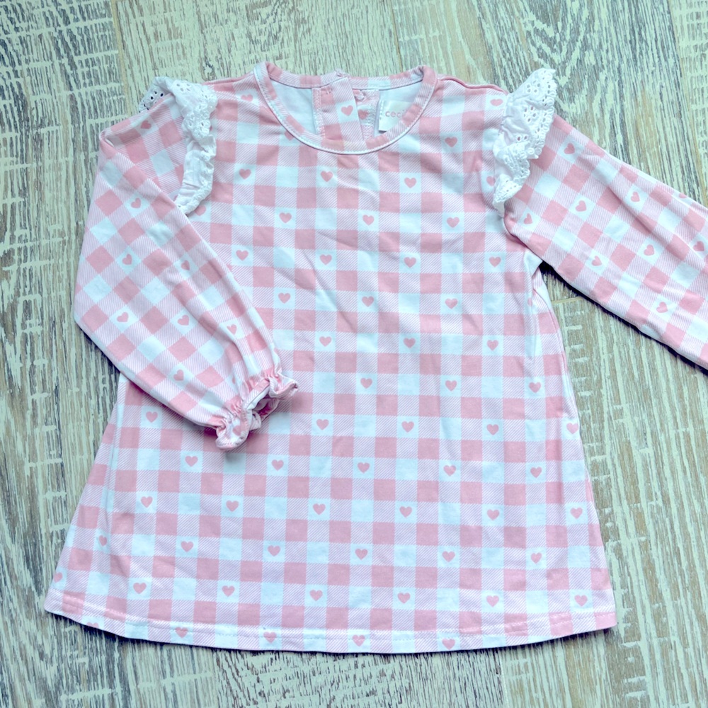Cecil & Lou Hearts Checked Plaid Ruffle Trim Long Sleeve Pink White Size 2T